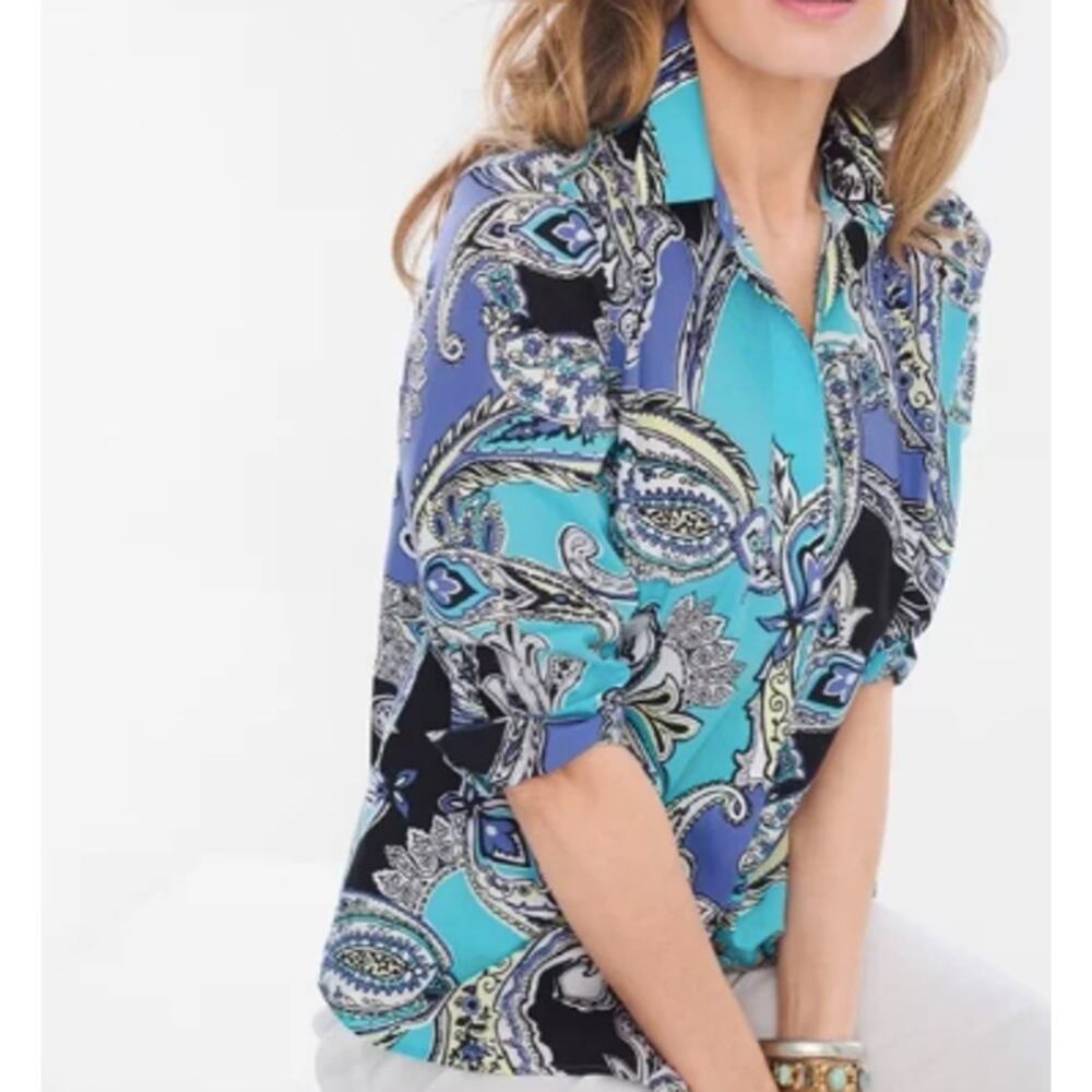 Chico's 1 Mediume Womens Maritime Bright Paisley No Iron Button Front Shirt